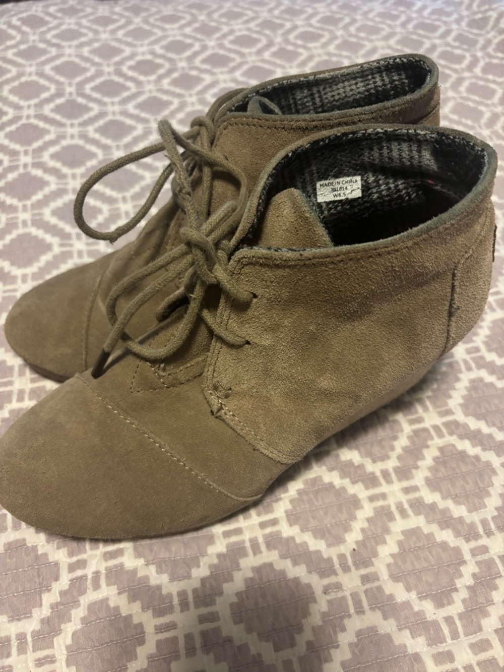 Toms Olive Suede Lace-Up Wedge Booties